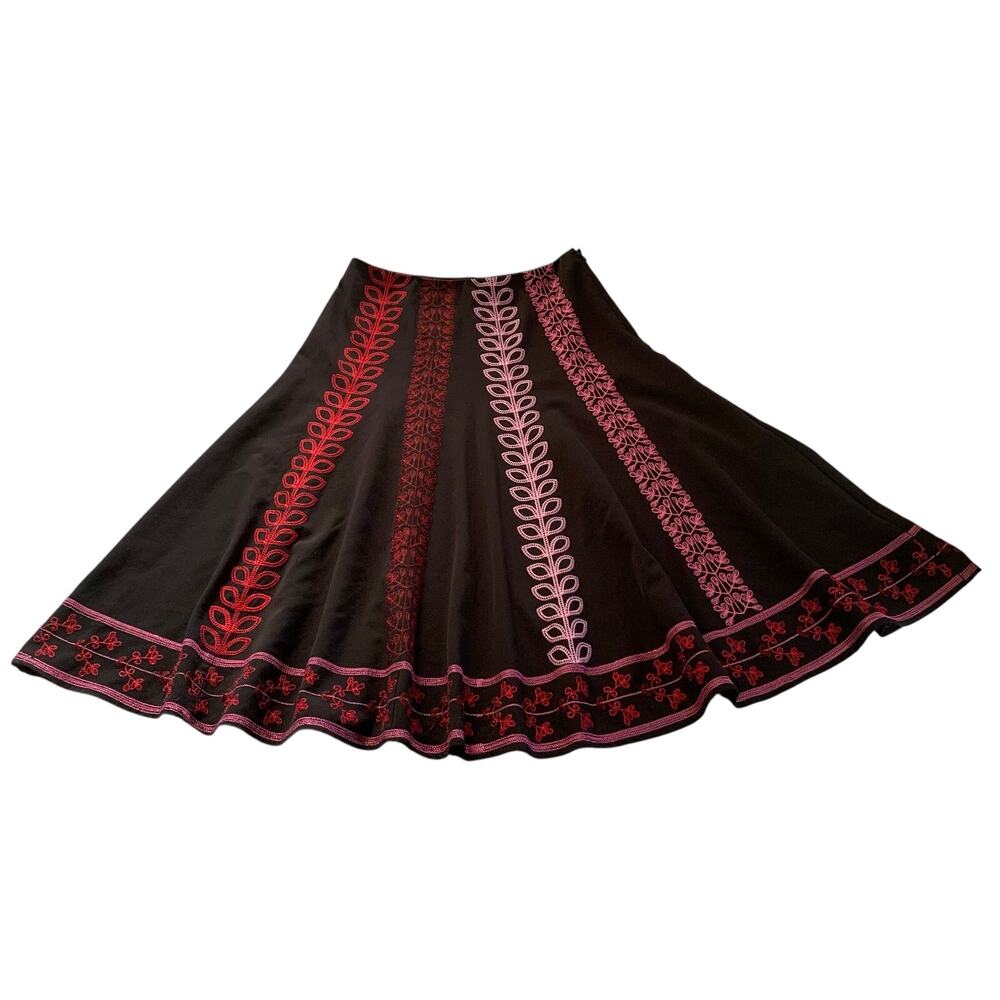 Sunny Leigh Embroidered Midi Skirt Black w/ Red and Pink Size 4 Folk Art Boho
